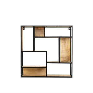 ETAGERE MURALE METAL NOIR ET BOIS DE MANGUIER 100 X 100 X 16 CM