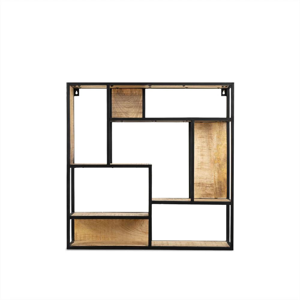 ETAGERE MURALE METAL NOIR ET BOIS DE MANGUIER 100 X 100 X 16 CM - Photo N°1