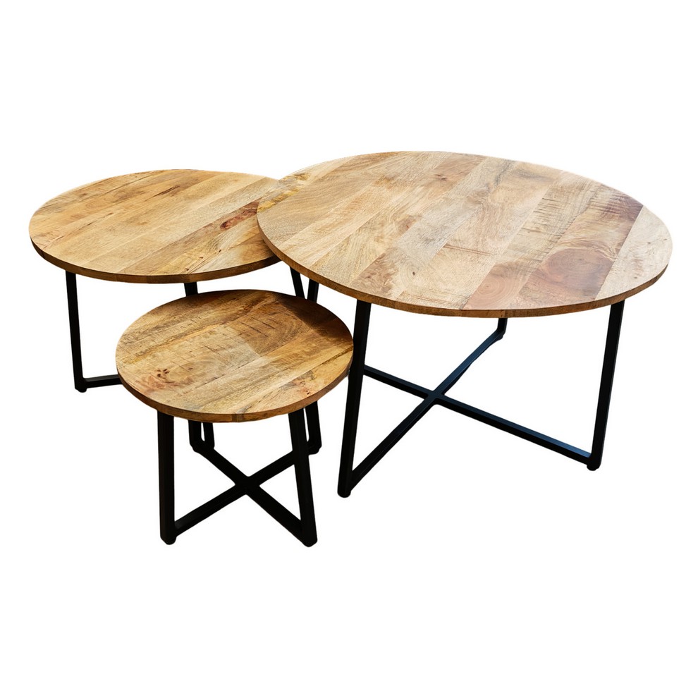 SET DE 3 TABLES GIGOGNES RONDES BOIS ET METAL 80 X48 - 60 X 43 - 40 X 36 CM - Photo N°1