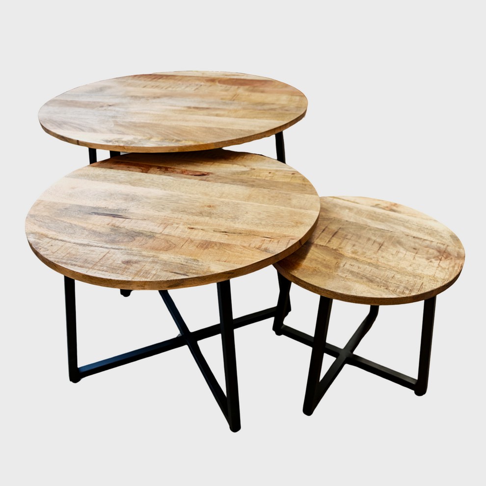 SET DE 3 TABLES GIGOGNES RONDES BOIS ET METAL 80 X48 - 60 X 43 - 40 X 36 CM - Photo N°4