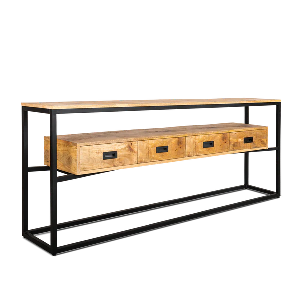 CONSOLE INDUSTRIEL METAL ET BOIS DE MANGUIER 4 TIROIRS 180 X 77 X 35 CM - Photo N°1