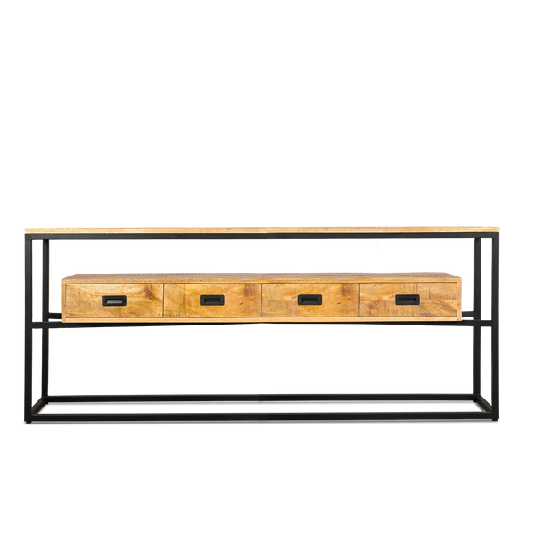 CONSOLE INDUSTRIEL METAL ET BOIS DE MANGUIER 4 TIROIRS 180 X 77 X 35 CM - Photo N°2
