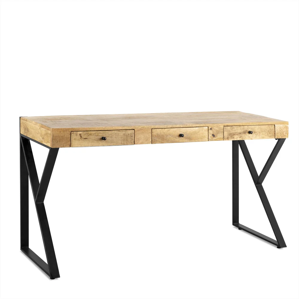 CONSOLE BUREAU BOIS MANGUIER MASSIF 3 TIROIRS PIED METAL NOIR  150 X 77 X 50 CM - Photo N°1