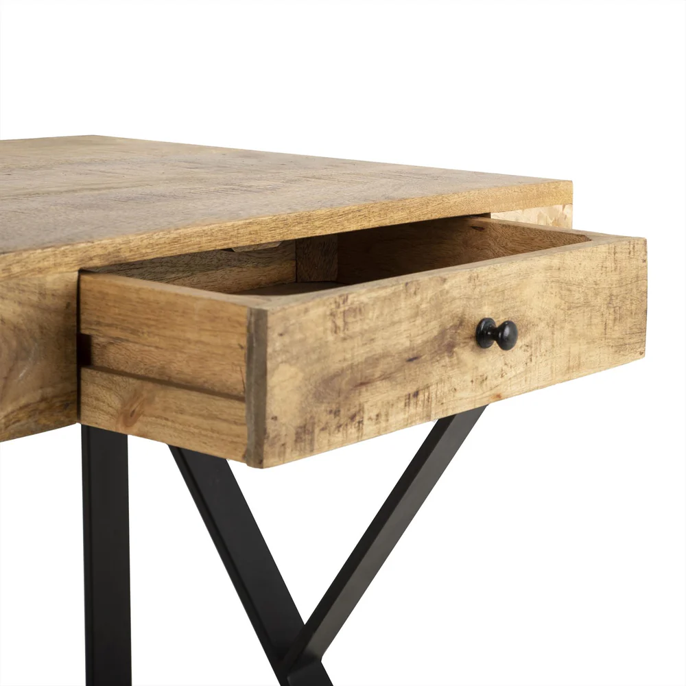 CONSOLE BUREAU BOIS MANGUIER MASSIF 3 TIROIRS PIED METAL NOIR  150 X 77 X 50 CM - Photo N°3