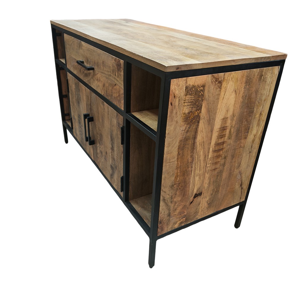 MEUBLE DE SALLE DE BAIN EN MANGUIER ET METAL 2 PORTES 1 TIROIR 120 X 81 X 53 CM - Photo N°2