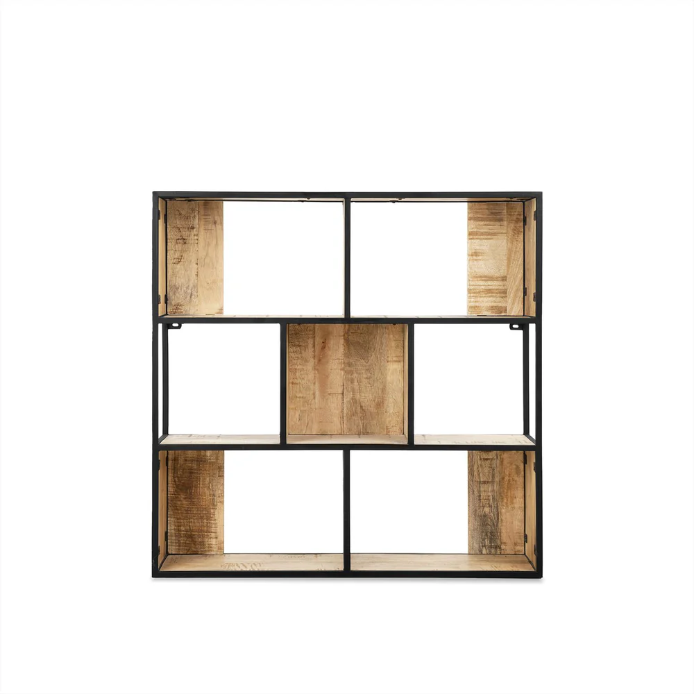 ETAGERE MURALE METAL NOIR ET BOIS DE MANGUIER 80 X 80 X 20 CM - Photo N°4