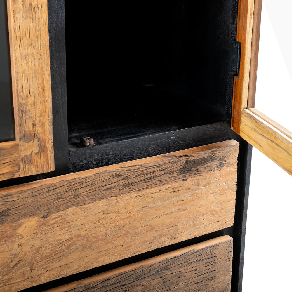 MEUBLE HAUT VITRINE MANGUIER ET BOIS RECYCLE 2 P VITREES 2 TIROIRS 90 X 180 X 40 - Photo N°3