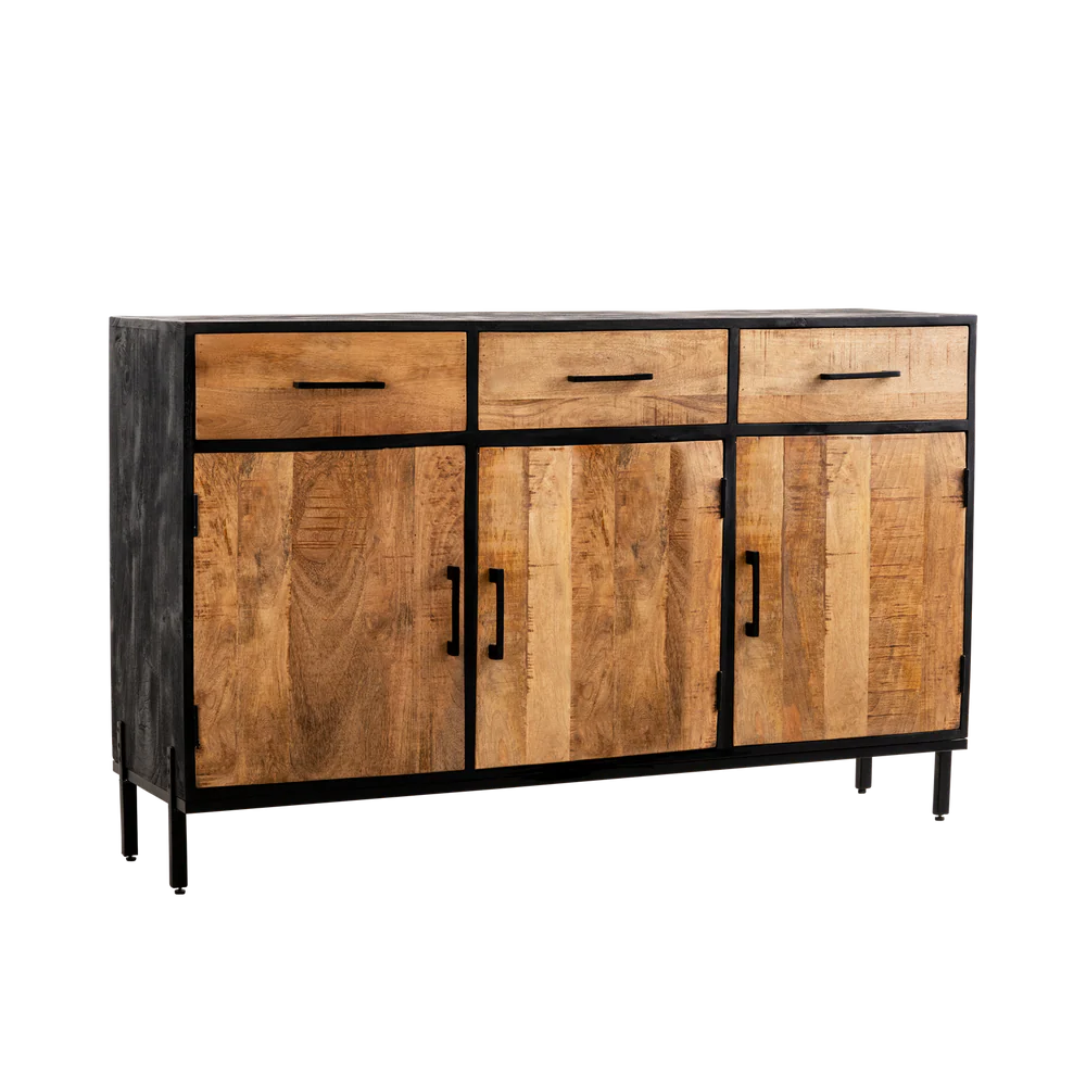 BAHUT BAS 3 PORTES 3 TIROIRS EN MANGUIER MASSIF VERNIS ET NOIR 145 X 90 X 45 CM - Photo N°1