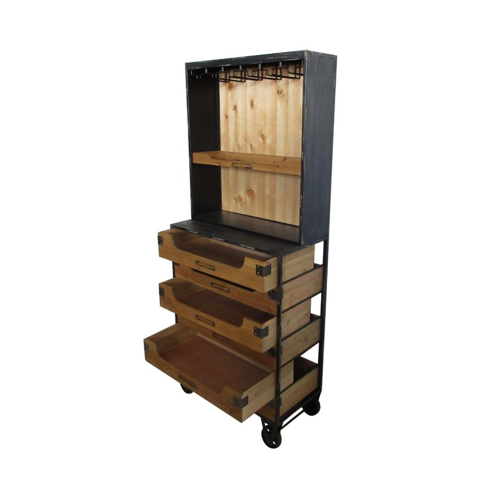 MEUBLE BAR 6 TIROIRS SAPIN ET METAL VIEILLI 65 x 158 x 32 CM - Photo N°5