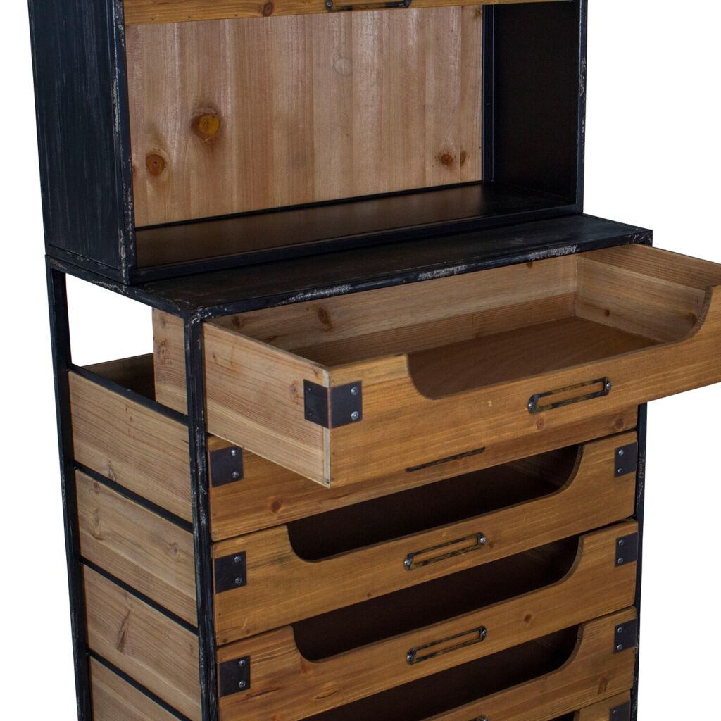 MEUBLE BAR 6 TIROIRS SAPIN ET METAL VIEILLI 65 x 158 x 32 CM - Photo N°4