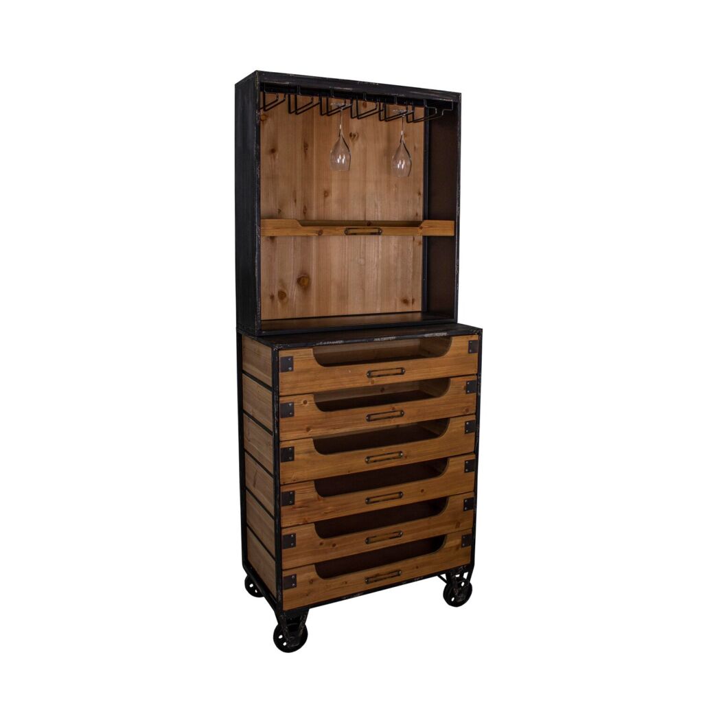 MEUBLE BAR 6 TIROIRS SAPIN ET METAL VIEILLI 65 x 158 x 32 CM - Photo N°1