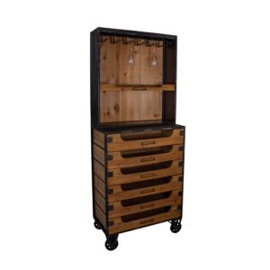 MEUBLE BAR 6 TIROIRS SAPIN ET METAL VIEILLI 65 x 158 x 32 CM