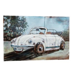 DECO MURALE ART METAL VOITURE COCCINELLE BLANCHE  80 X 120 CM
