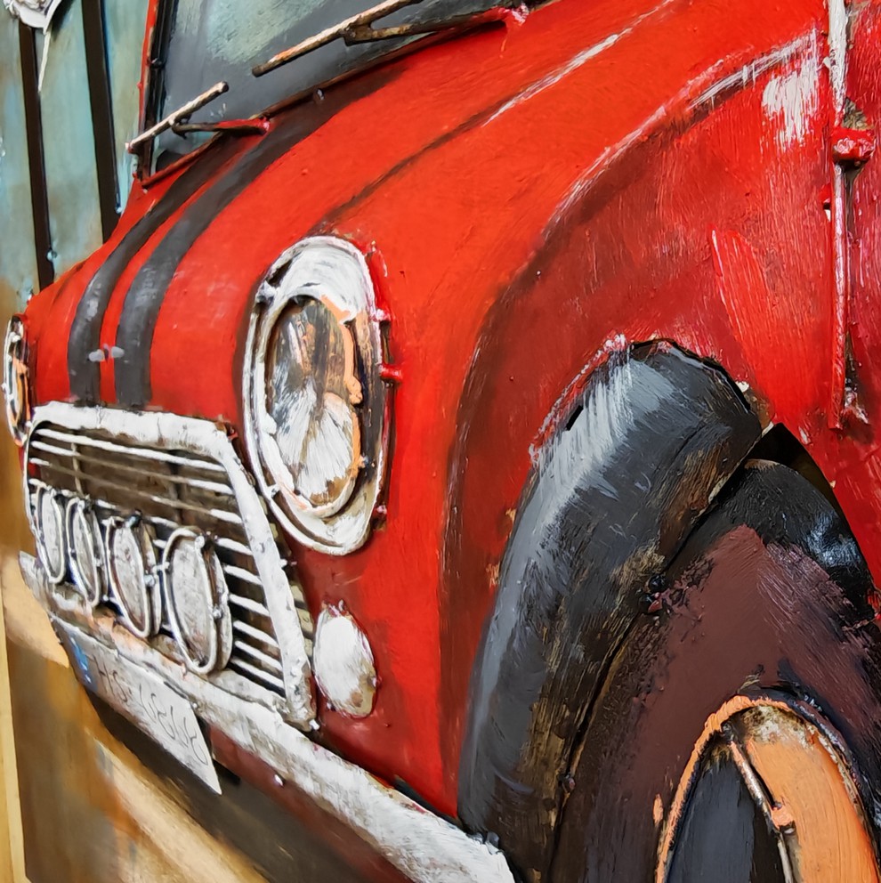 DECO MURALE ART METAL VOITURE MINI ROUGE ET NOIRE 80 X 80 CM - Photo N°4
