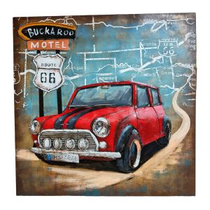 DECO MURALE ART METAL VOITURE MINI ROUGE ET NOIRE 80 X 80 CM