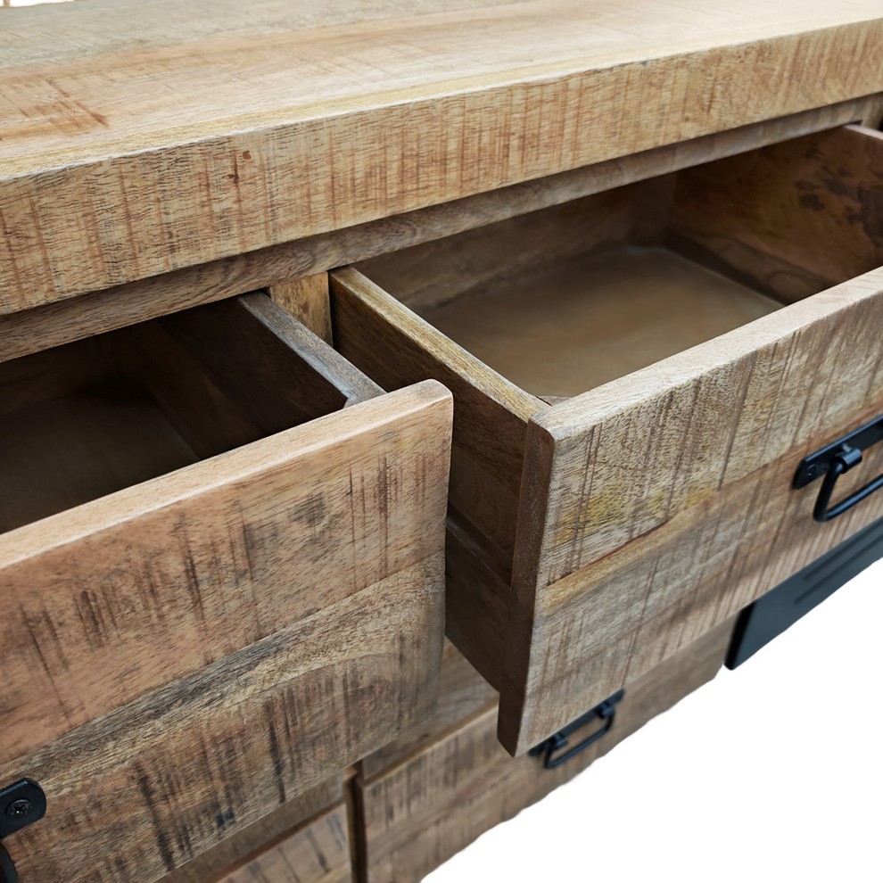 BAHUT BAS 2 PORTES 6 TIROIRS EN MANGUIER MASSIF ET METAL NOIR 200 X 81 X 46 CM - Photo N°4