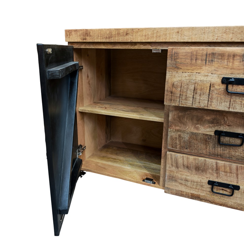 BAHUT BAS 2 PORTES 6 TIROIRS EN MANGUIER MASSIF ET METAL NOIR 200 X 81 X 46 CM - Photo N°3