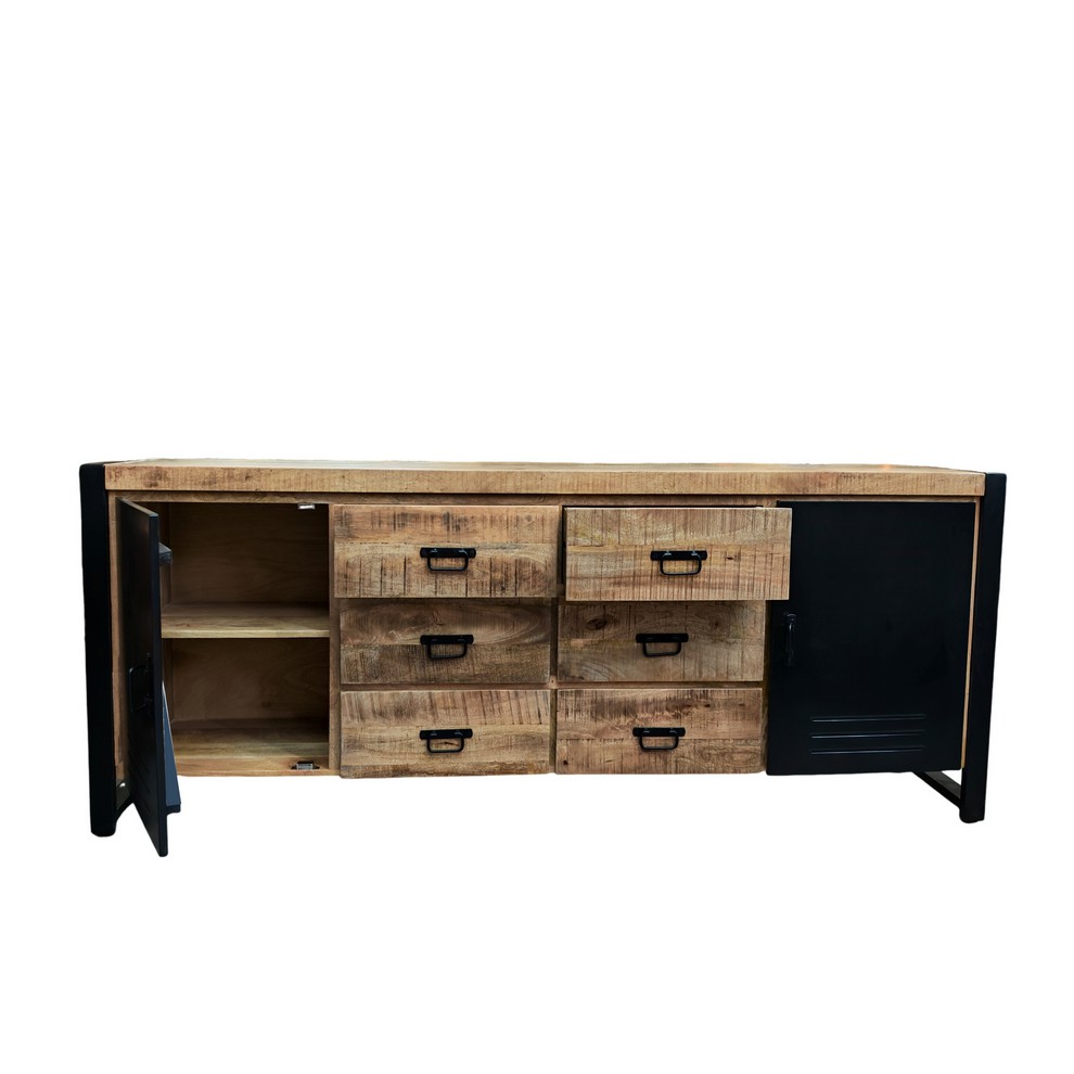 BAHUT BAS 2 PORTES 6 TIROIRS EN MANGUIER MASSIF ET METAL NOIR 200 X 81 X 46 CM - Photo N°2