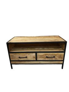 MEUBLE TV MANGUIER ET METAL 2 TIROIRS 1 NICHE 100 X 55 X 45 CM