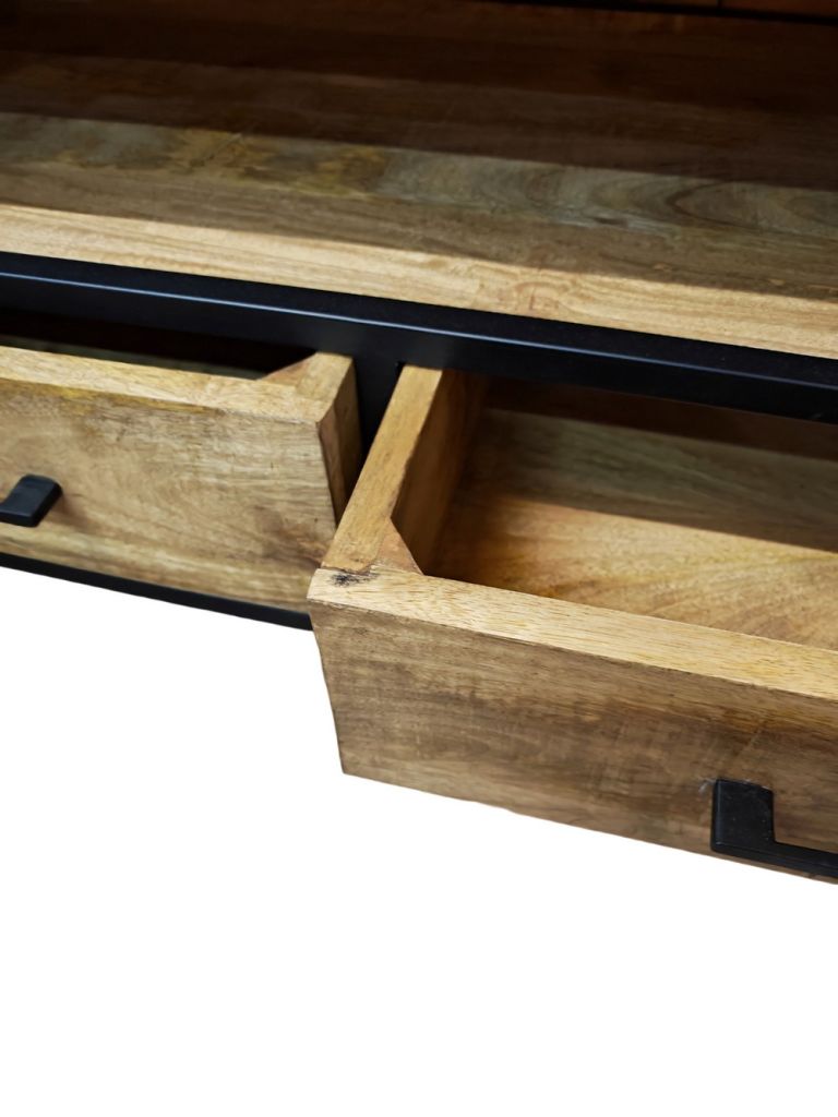 MEUBLE TV MANGUIER ET METAL 2 TIROIRS 1 NICHE 100 X 55 X 45 CM - Photo N°5