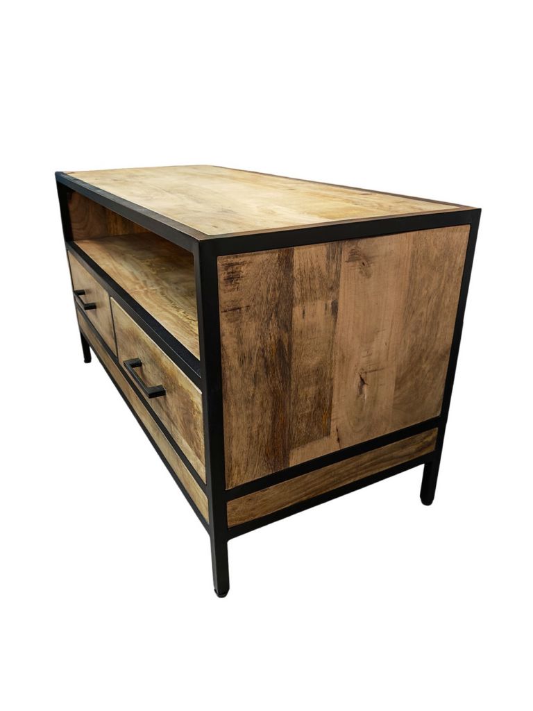 MEUBLE TV MANGUIER ET METAL 2 TIROIRS 1 NICHE 100 X 55 X 45 CM - Photo N°6