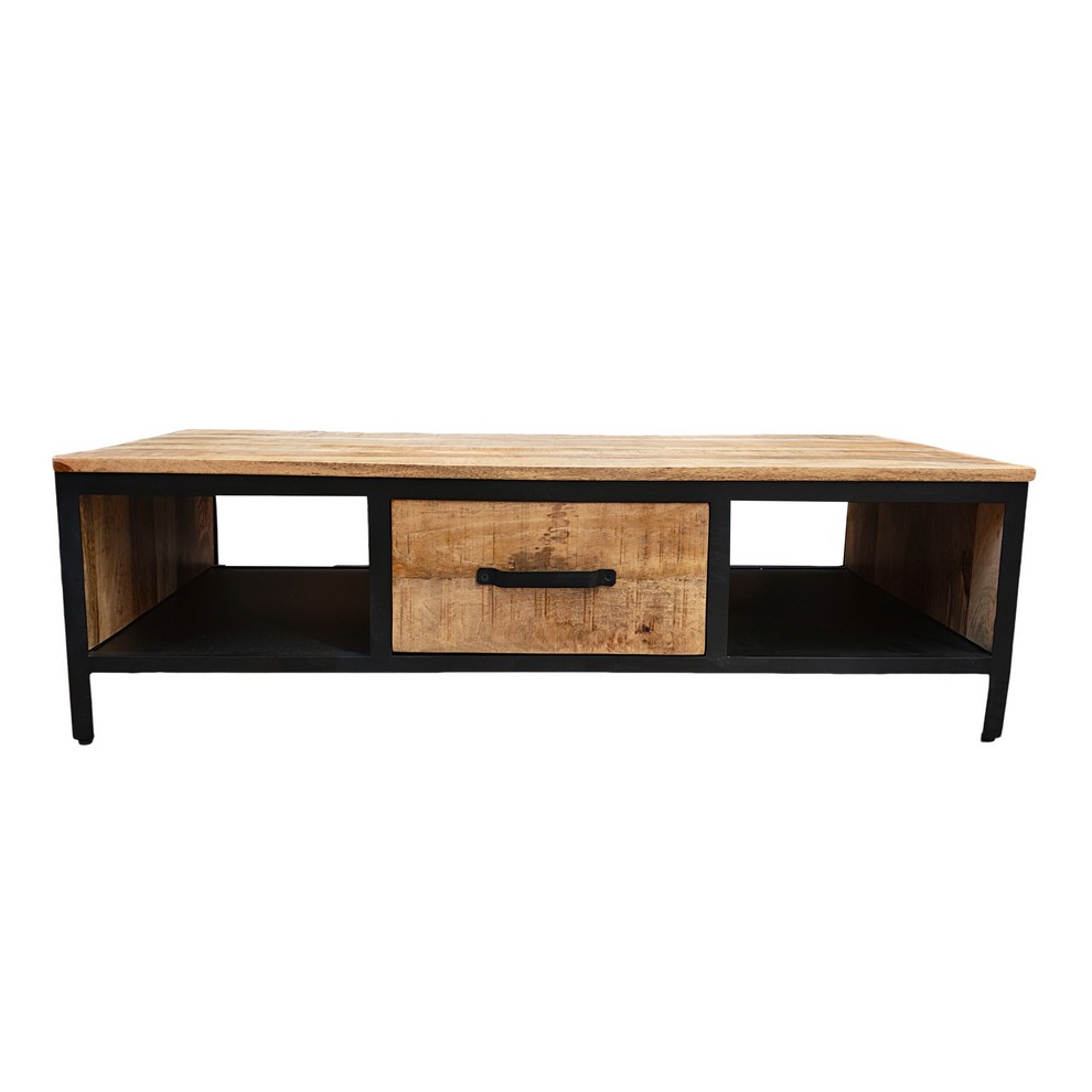 TABLE DE SALON BOIS MANGUIER MASSIF-METAL NOIR 1TIROIR 2 NICHES 135 X 40 X 70 CM - Photo N°6