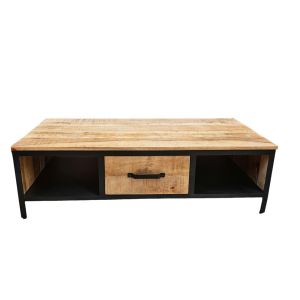 TABLE DE SALON BOIS MANGUIER MASSIF-METAL NOIR 1TIROIR 2 NICHES 135 X 40 X 70 CM