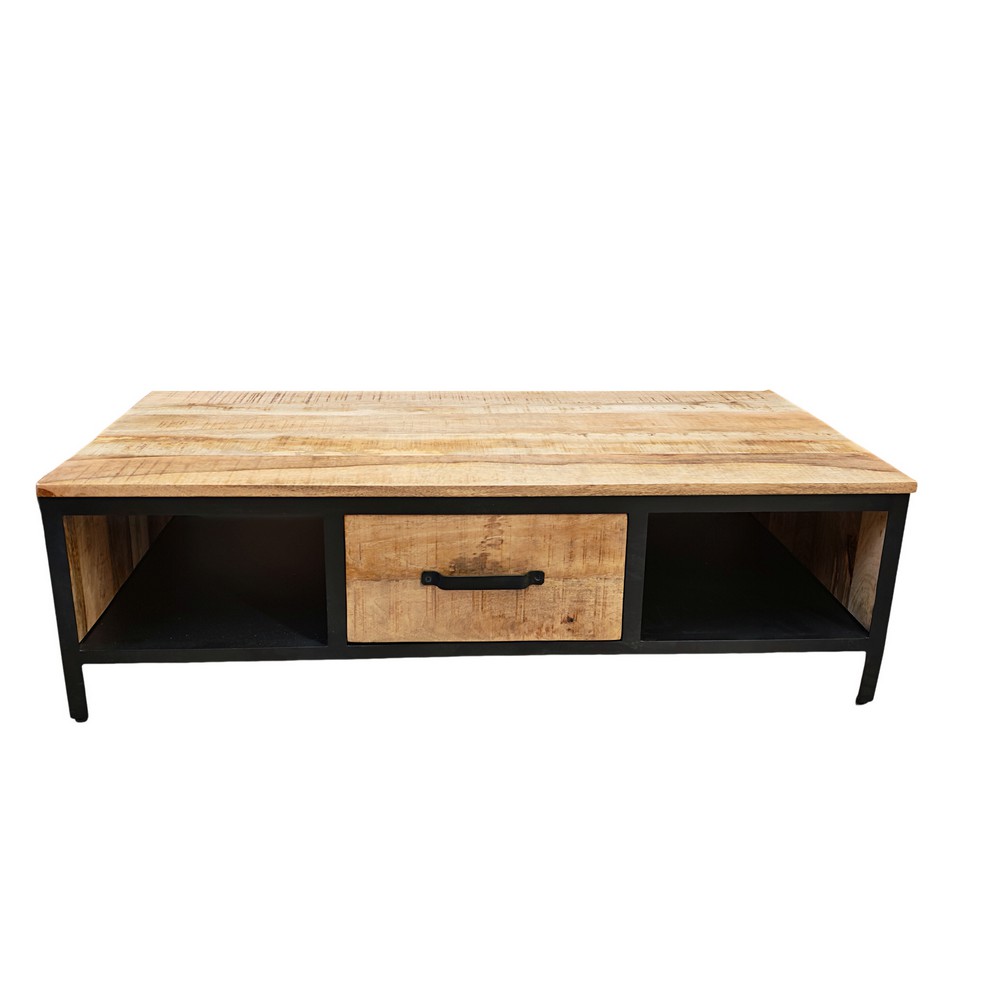 TABLE DE SALON BOIS MANGUIER MASSIF-METAL NOIR 1TIROIR 2 NICHES 135 X 40 X 70 CM - Photo N°1