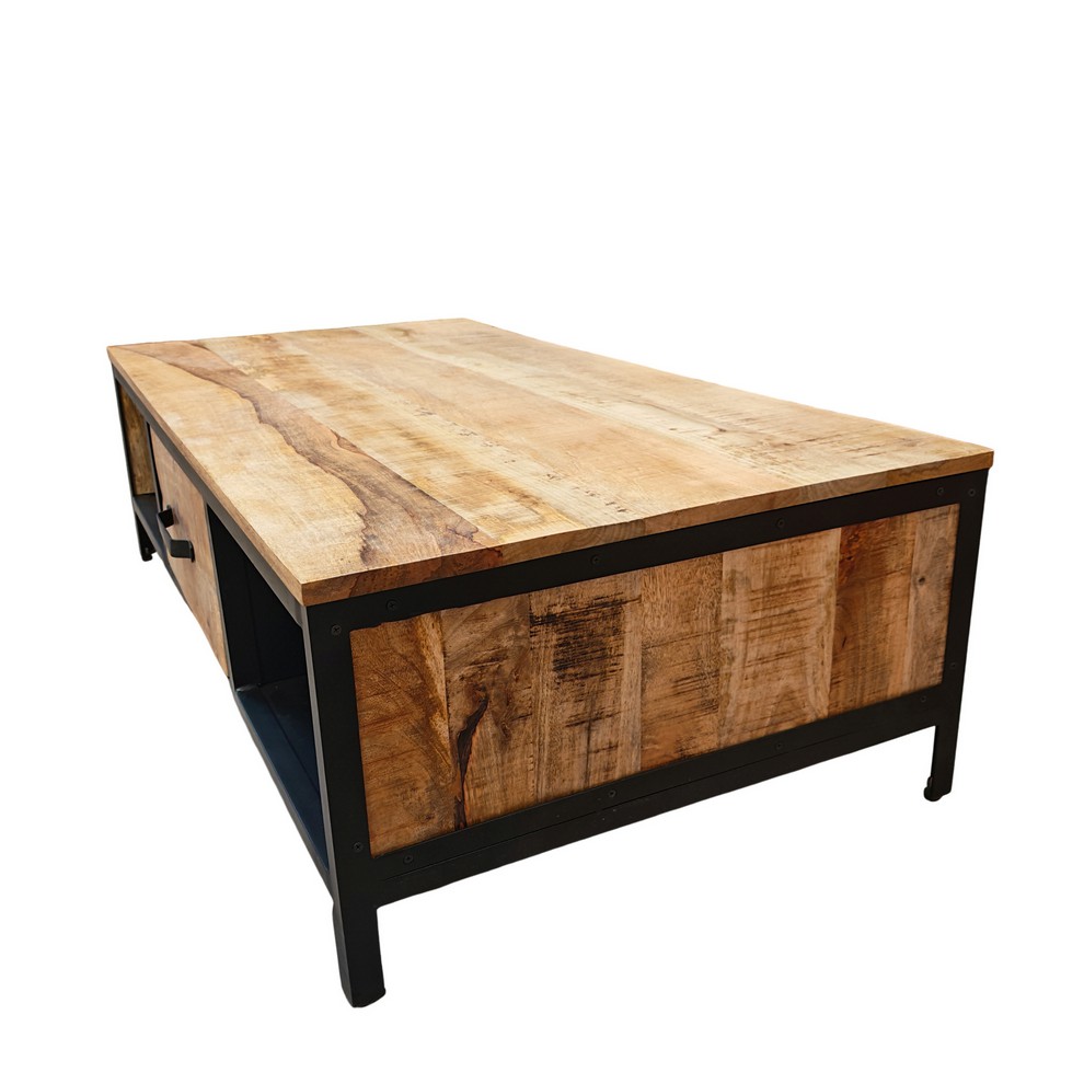 TABLE DE SALON BOIS MANGUIER MASSIF-METAL NOIR 1TIROIR 2 NICHES 135 X 40 X 70 CM - Photo N°4