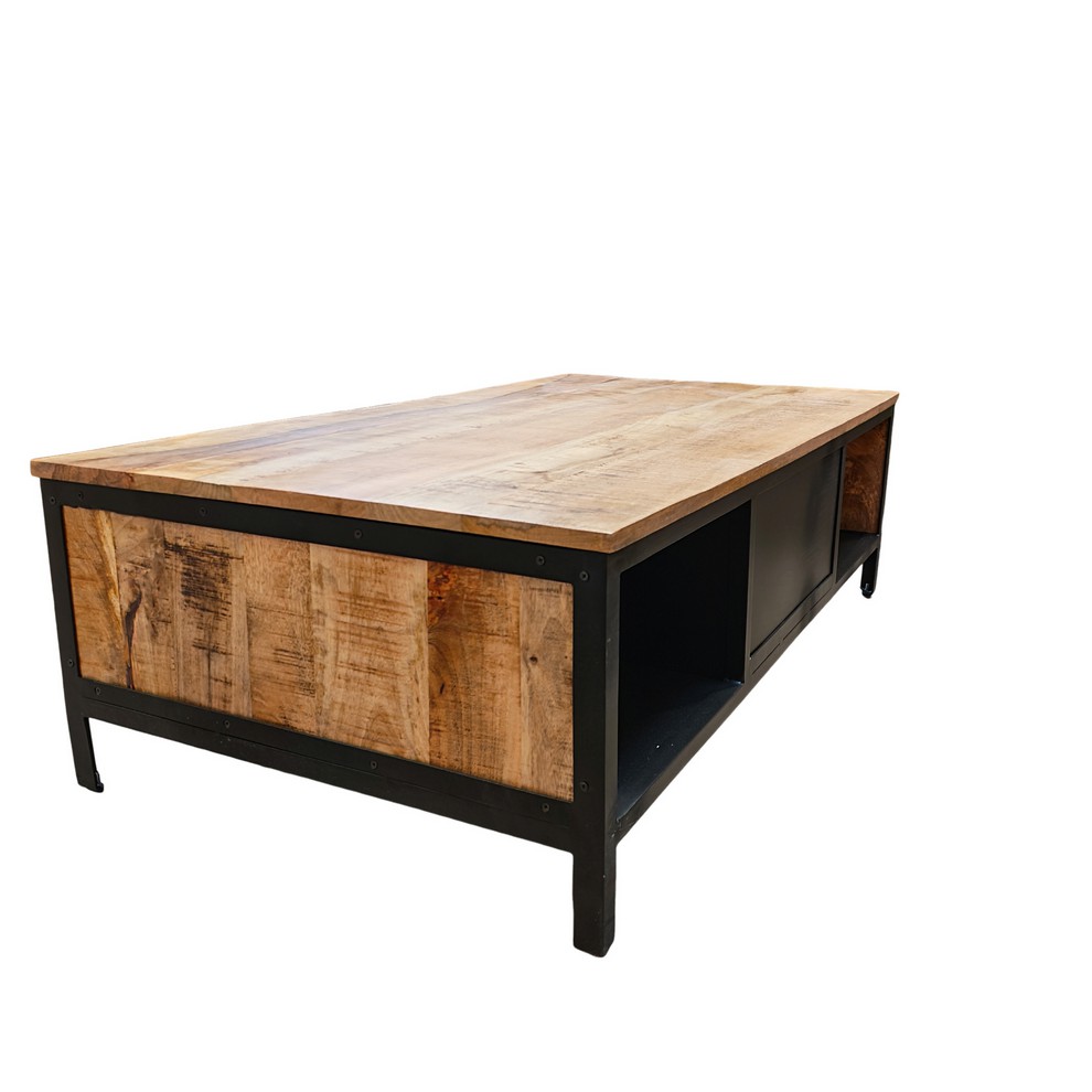 TABLE DE SALON BOIS MANGUIER MASSIF-METAL NOIR 1TIROIR 2 NICHES 135 X 40 X 70 CM - Photo N°3