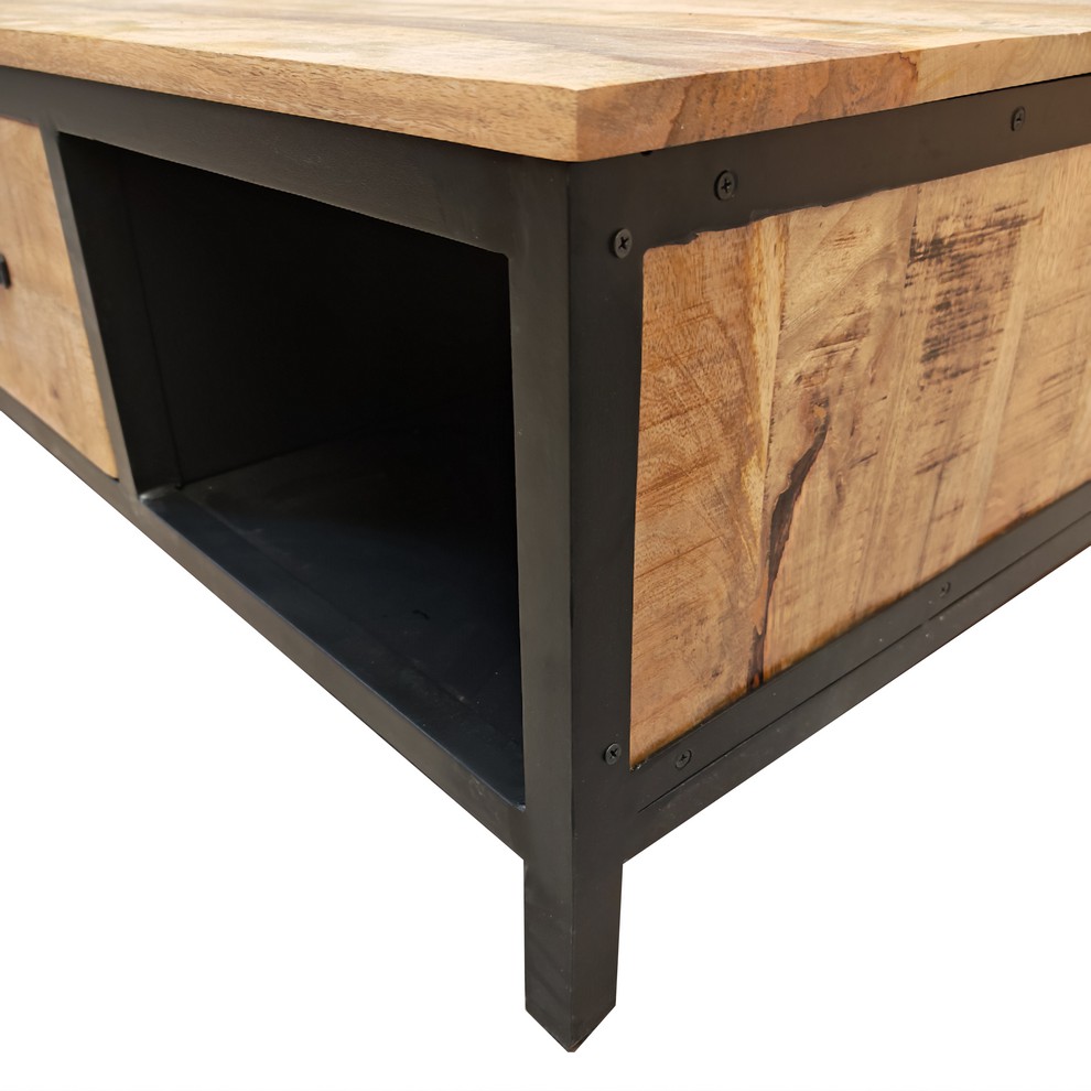 TABLE DE SALON BOIS MANGUIER MASSIF-METAL NOIR 1TIROIR 2 NICHES 135 X 40 X 70 CM - Photo N°7