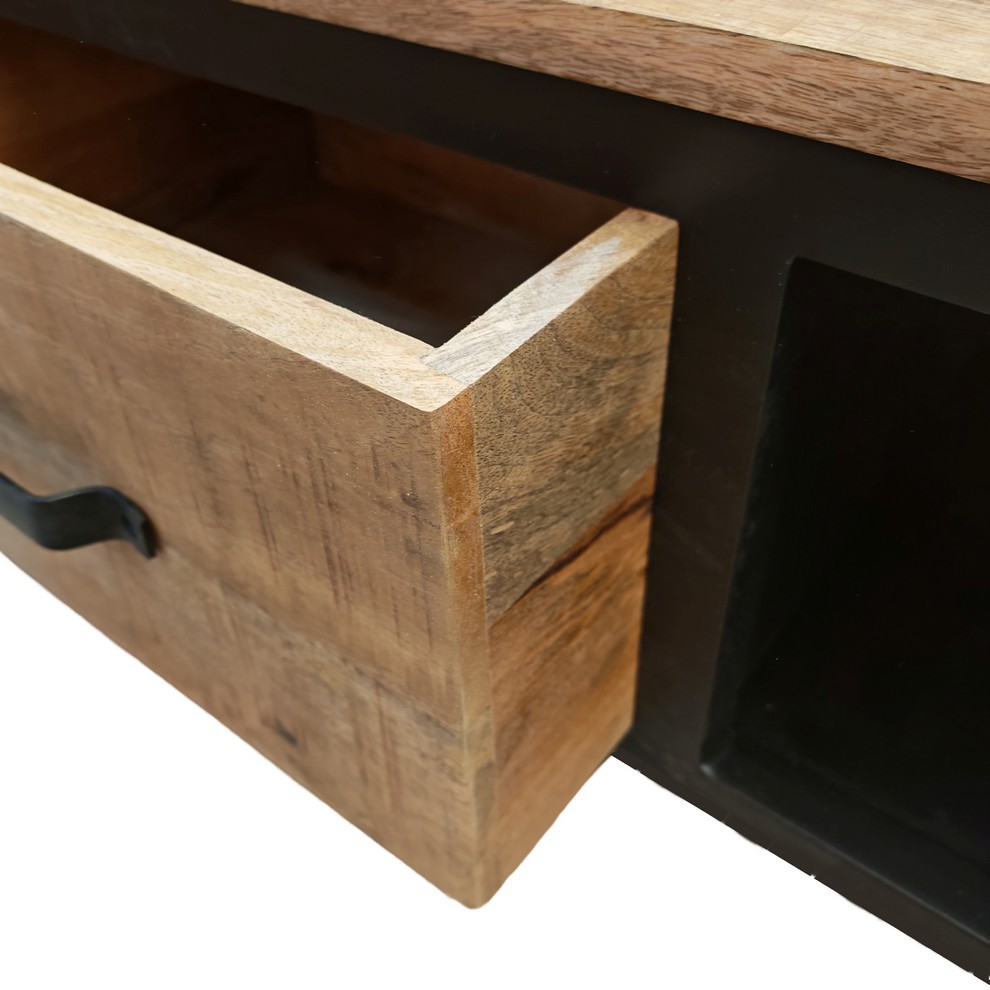 TABLE DE SALON BOIS MANGUIER MASSIF-METAL NOIR 1TIROIR 2 NICHES 135 X 40 X 70 CM - Photo N°2