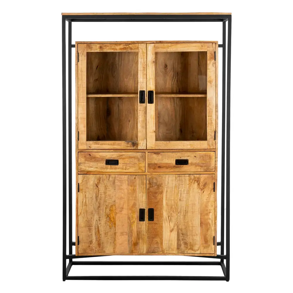 MEUBLE HAUT VITRINE MANGUIER ET METAL NOIR 4 PORTES 2 TIROIRS 125 X 200 X 40 CM - Photo N°1