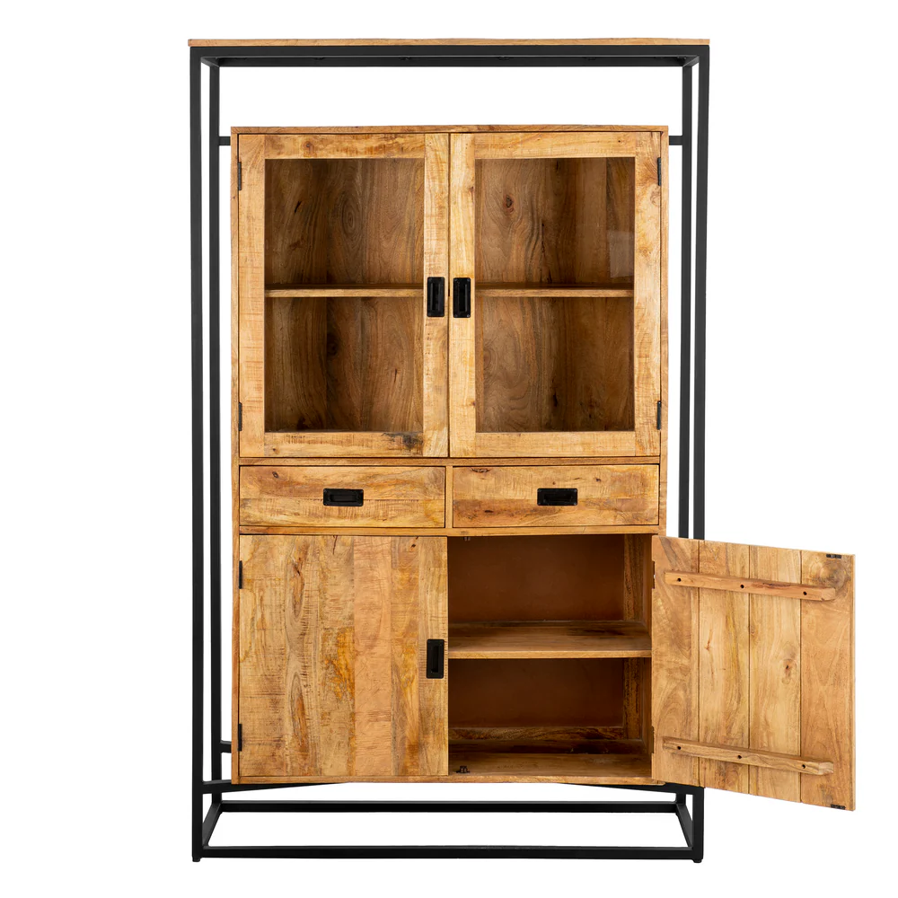 MEUBLE HAUT VITRINE MANGUIER ET METAL NOIR 4 PORTES 2 TIROIRS 125 X 200 X 40 CM - Photo N°2