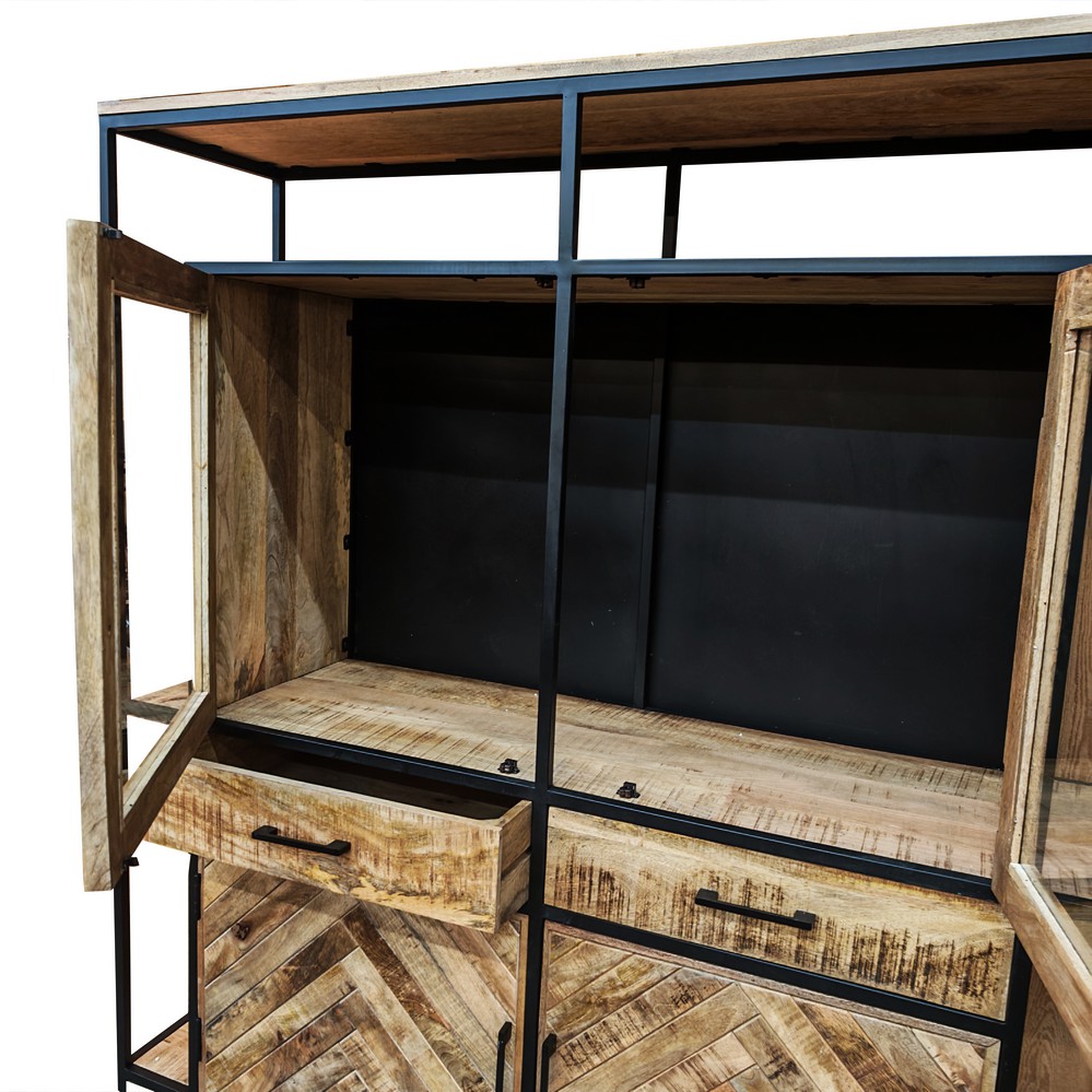 MEUBLE HAUT VITRINE MANGUIER ET METAL NOIR 4 PORTES 5 TIROIRS 160 X 200 X 45 CM - Photo N°4