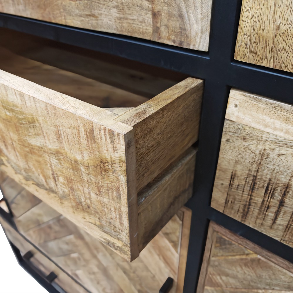 MEUBLE HAUT VITRINE MANGUIER ET METAL NOIR 4 PORTES 5 TIROIRS 160 X 200 X 45 CM - Photo N°5