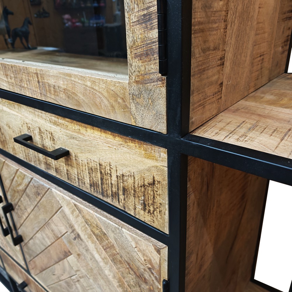 MEUBLE HAUT VITRINE MANGUIER ET METAL NOIR 4 PORTES 5 TIROIRS 160 X 200 X 45 CM - Photo N°6