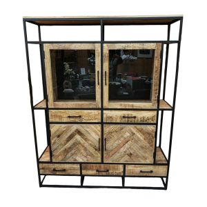 MEUBLE HAUT VITRINE MANGUIER ET METAL NOIR 4 PORTES 5 TIROIRS 160 X 200 X 45 CM