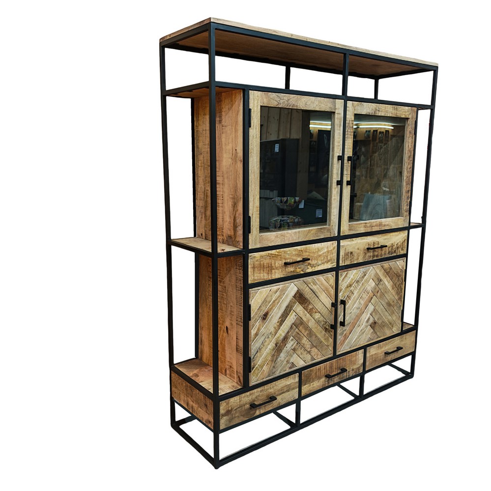 MEUBLE HAUT VITRINE MANGUIER ET METAL NOIR 4 PORTES 5 TIROIRS 160 X 200 X 45 CM - Photo N°2