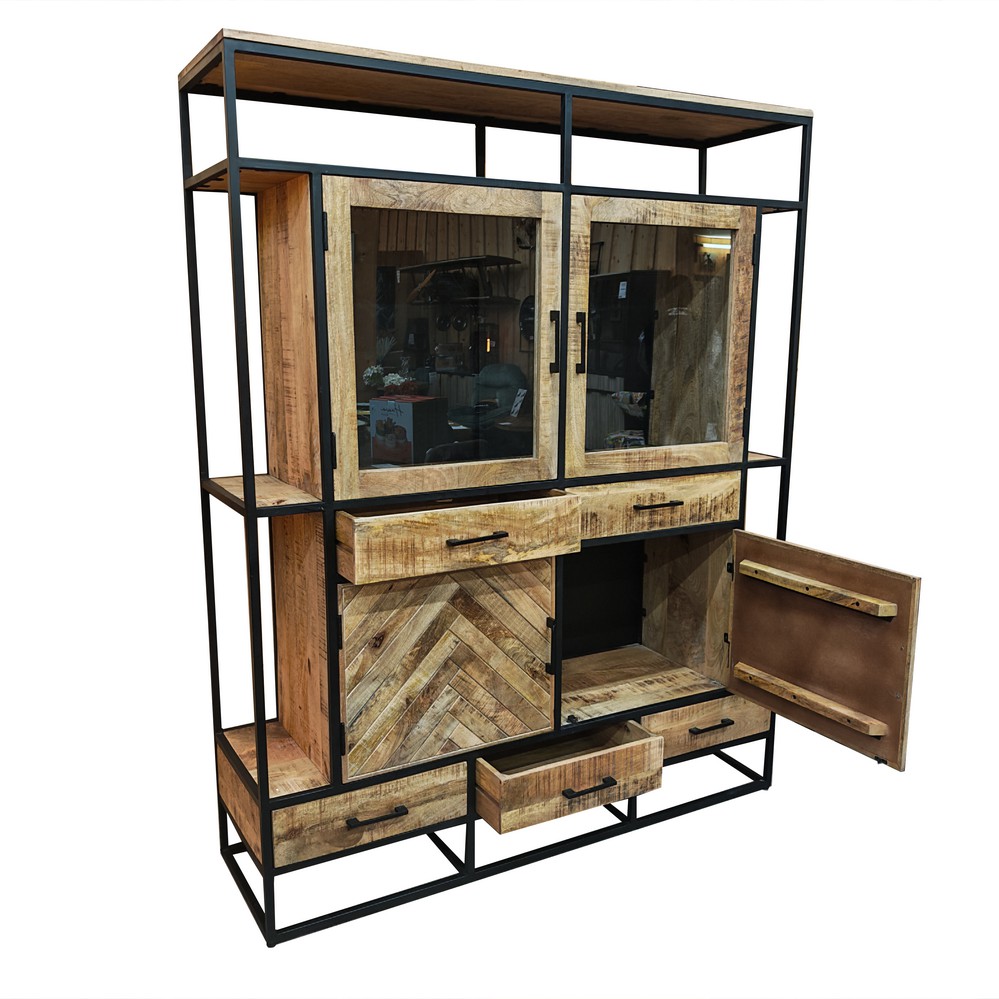 MEUBLE HAUT VITRINE MANGUIER ET METAL NOIR 4 PORTES 5 TIROIRS 160 X 200 X 45 CM - Photo N°7