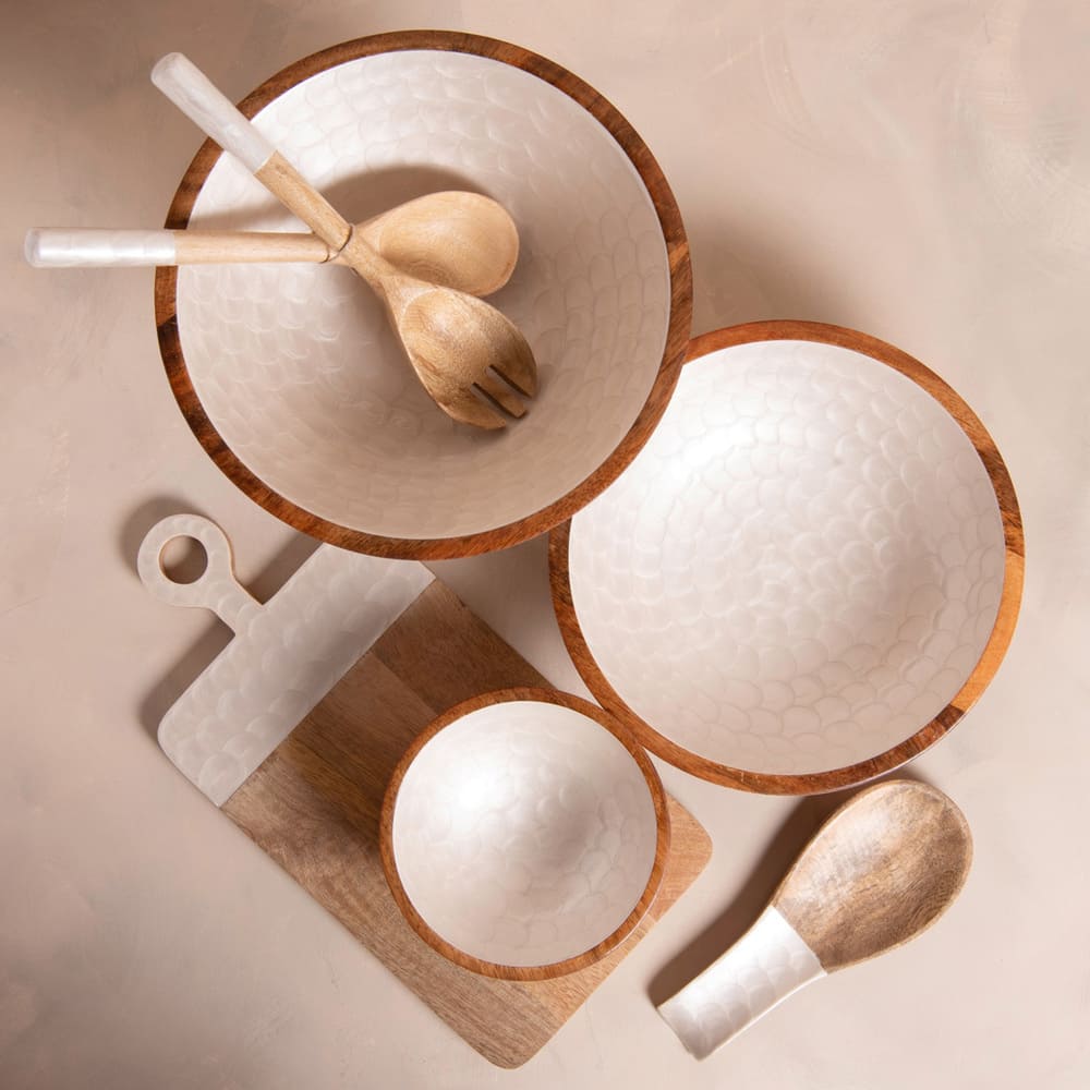 REPOSE CUILLERE VENUS BOIS DE MANGUIER ET DECOR BLANC NACRE 24 X 10 CM - Photo N°2