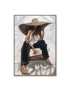PEINTURE FEMME GRAND CHAPEAU HABILLE DE NOIR ET BLANC 70 X 100 X 3.8 CM