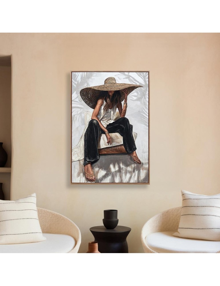 PEINTURE FEMME GRAND CHAPEAU HABILLE DE NOIR ET BLANC 70 X 100 X 3.8 CM - Photo N°2