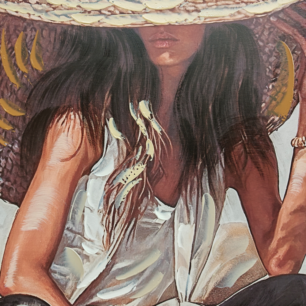 PEINTURE FEMME GRAND CHAPEAU HABILLE DE NOIR ET BLANC 70 X 100 X 3.8 CM - Photo N°4