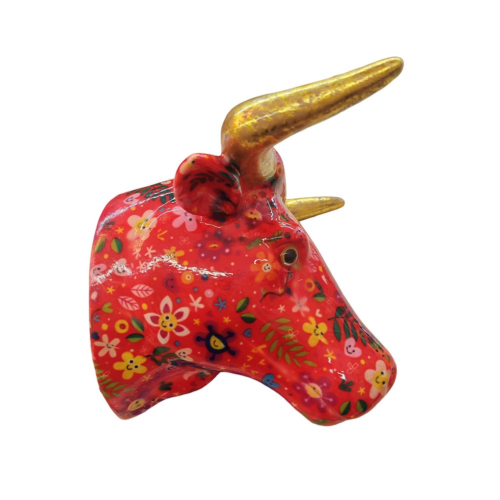 TETE DE TAUREAU POMME PIDOU DECOR ROUGE ET DECOR MULTICOLORE - Photo N°1