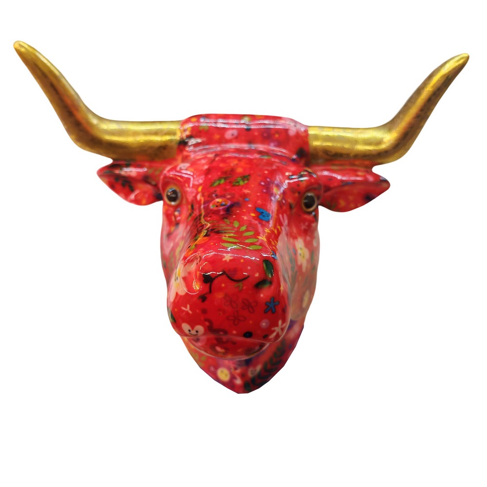 TETE DE TAUREAU POMME PIDOU DECOR ROUGE ET DECOR MULTICOLORE - Photo N°3