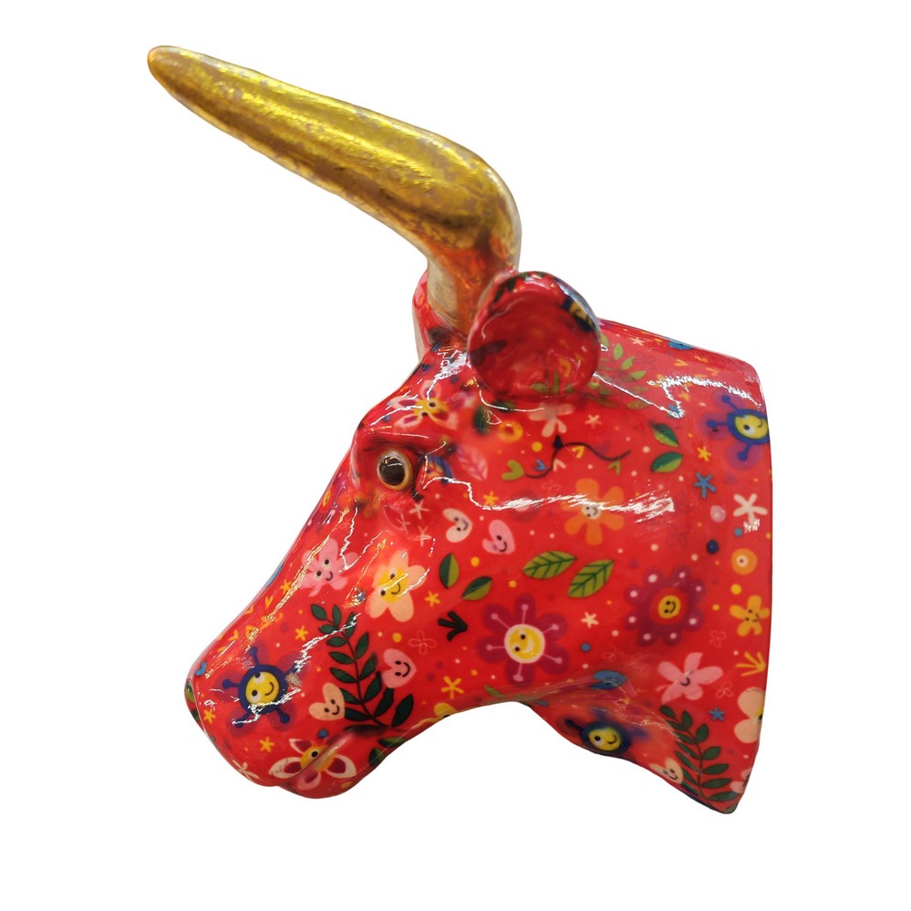 TETE DE TAUREAU POMME PIDOU DECOR ROUGE ET DECOR MULTICOLORE - Photo N°4