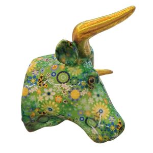TETE DE TAUREAU POMME PIDOU DECOR VERTE ET DECOR MULTICOLORE