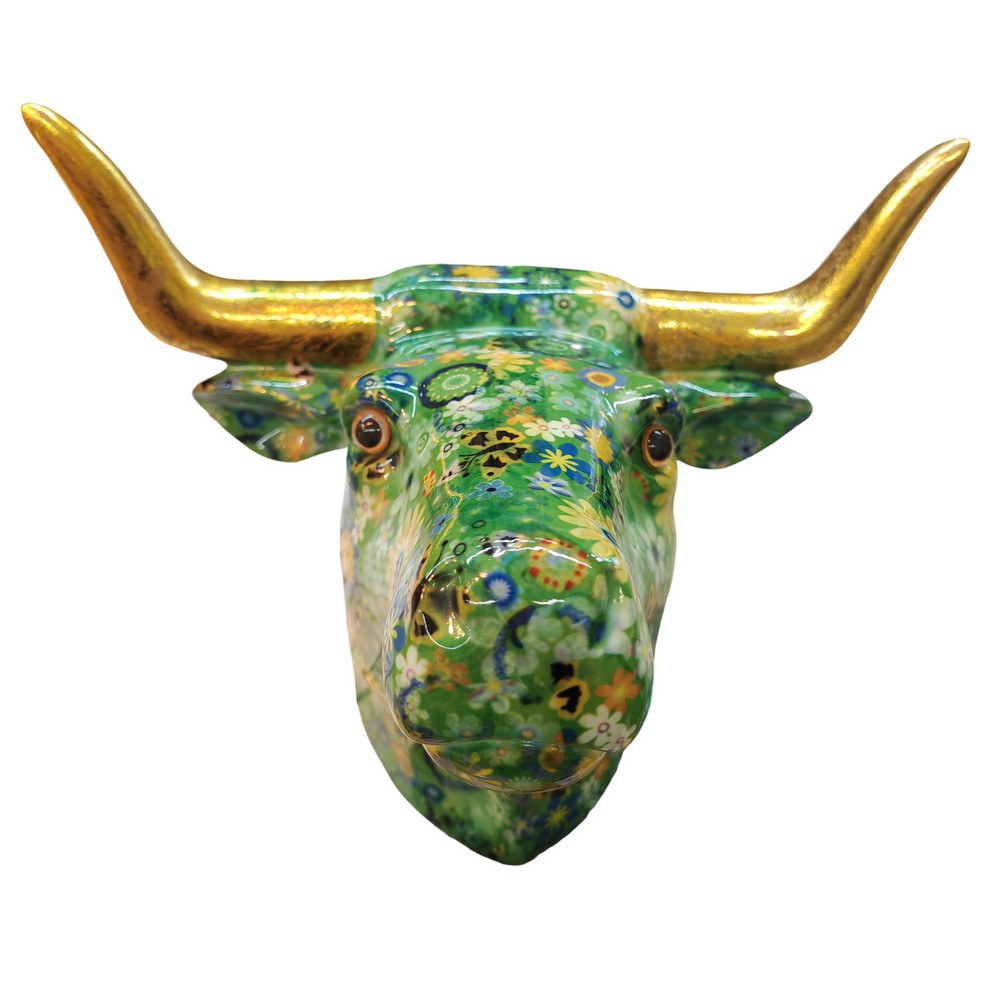 TETE DE TAUREAU POMME PIDOU DECOR VERTE ET DECOR MULTICOLORE - Photo N°3