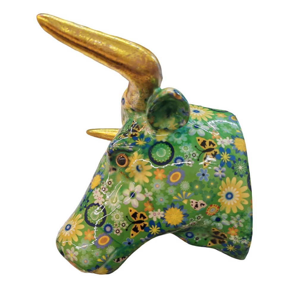 TETE DE TAUREAU POMME PIDOU DECOR VERTE ET DECOR MULTICOLORE - Photo N°4